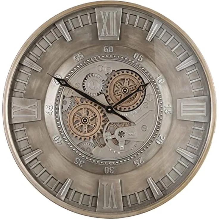 Samilito Wanduhr mit echtem Bewegungsgetriebe Zahnrädern 59,5cm (Metall, Antike Grau) - Industrielles Steampunk-Design, geräuschloses Quarz-Uhrwerk, funktionierende Zahnräder