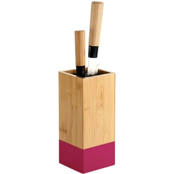 KESPER Messerblock aus Bambus und Kunststoff, mit herausnehmbaren Borsten, 10 x 10 cm, H: 23 cm, Farbe Braun und Beere, nachhaltig und platzsparend – Bild 1