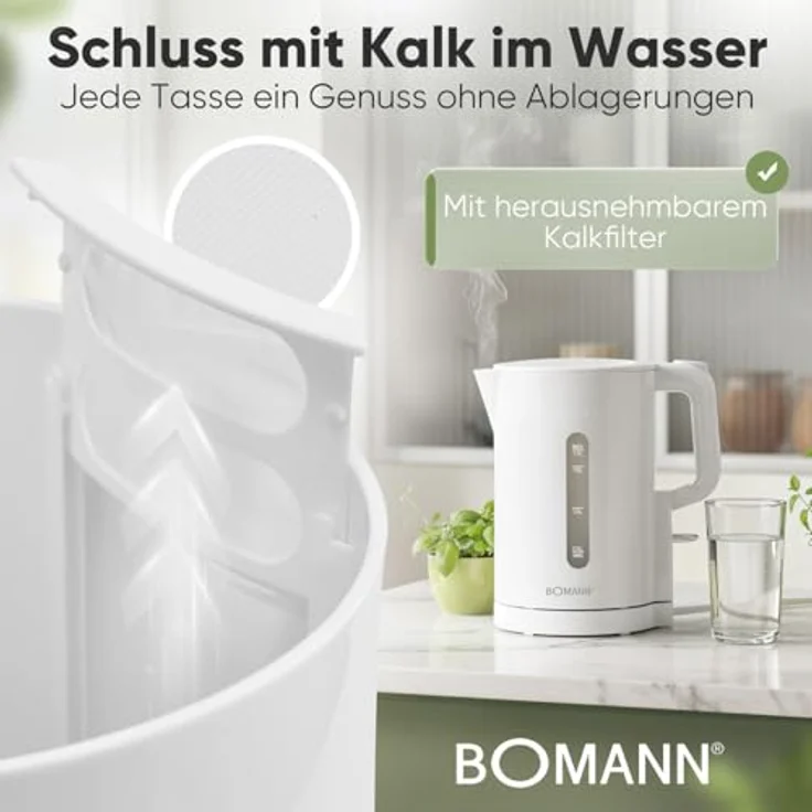 Bomann Wasserkocher WK 6090 CB, 1,7L, 2200W, BPA frei, Einhandbedienung, Wasserstandsanzeige, Überhitzungsschutz, weiß – Bild 5