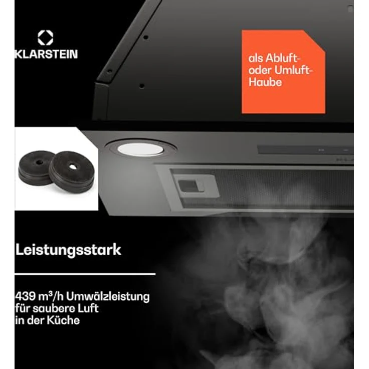 Klarstein Dunstabzugshaube 52cm, Abluft/Umluft-Dunstabzugshaube mit Filter, LED-Beleuchtung, Timer & Touch-Bedienfeld, Leise Einbau-Abzugshaube mit 439 m³/h Luftstrom, Edelstahl-Dunstabzug – Bild 3