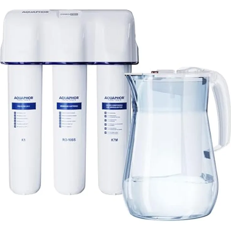 Aquintos Wasseraufbereitung AQUAPHOR RO-312S PRO Umkehrosmoseanlage + 2,5 Liter Wasserkrug mit Schwimmerschalter, Entsalzung, Entkalkung, Keime, Bakterien, organische Verunreinigungen, Chlor, Schwermetalle, Pharmazeutika, Medikamente, Mikroplastik, blau