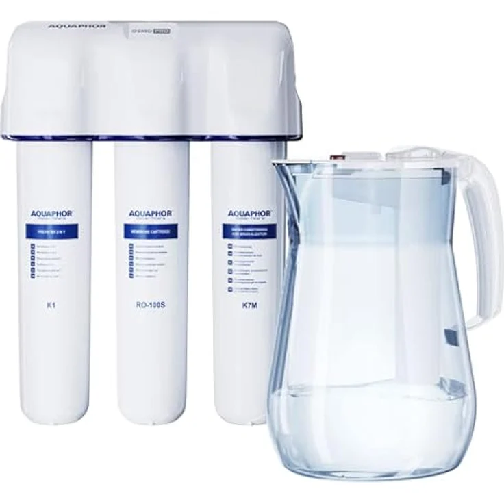 Aquintos Wasseraufbereitung AQUAPHOR RO-312S PRO Umkehrosmoseanlage + 2,5 Liter Wasserkrug mit Schwimmerschalter, Entsalzung, Entkalkung, Keime, Bakterien, organische Verunreinigungen, Chlor, Schwermetalle, Pharmazeutika, Medikamente, Mikroplastik, blau – Bild 1
