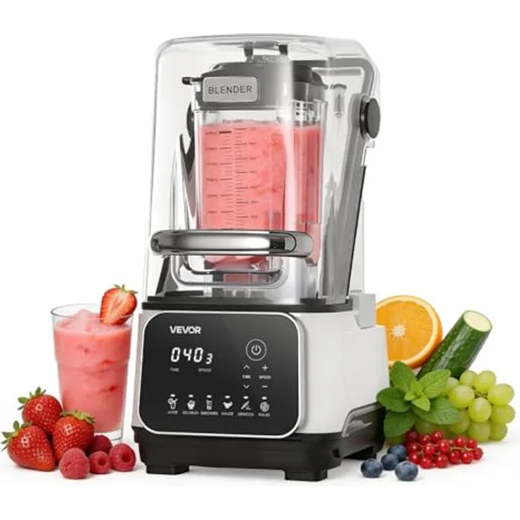 VEVOR Standmixer HS-608C, 2 L mit Schutzabdeckung, 2200 W, 6 voreingestellte Programme, Weiß