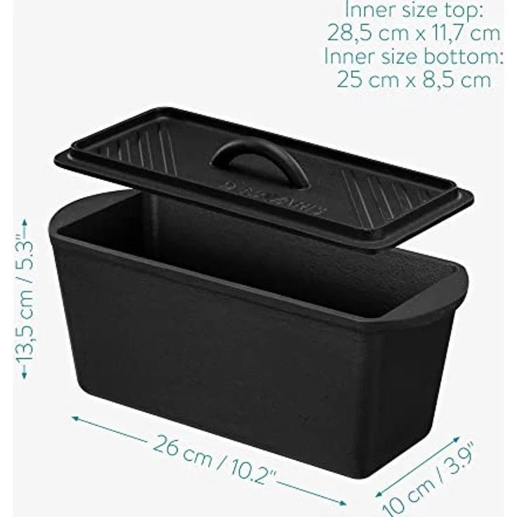 Navaris Gusseisen Brotbackform mit Deckel - 34 x 13 x 13cm - Kastenform Backform Auflaufform - Dutch Oven rechteckig mit Griff zum Brot Backen und Kochen – Bild 5