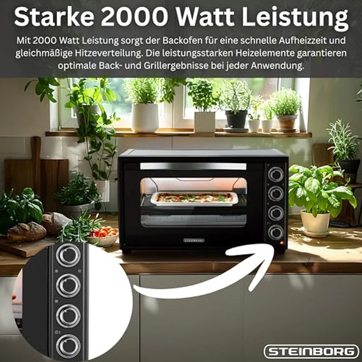 STEINBORG Minibackofen SB-3019, 60L, 2000W mit Umluft, Drehspieß und Timer, kompakt schwarz – Bild 3