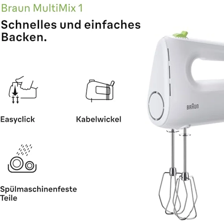 Braun Household MultiMix 1 HM 1100 WH Handmixer - Handrührgerät mit 4 Geschwindigkeitsstufen plus Turbo, FastMix Technologie, EasyClick, inkl. Schneebesen, Einhandbedienung, 450W, Weiß – Bild 2