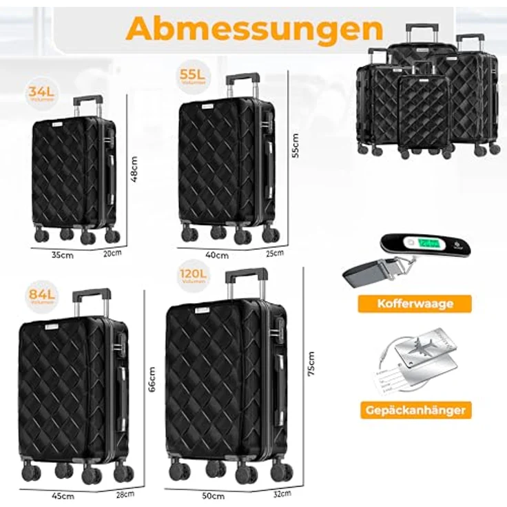 KESSER® Reisekoffer Set 4-teilig, ABS Hartschalenkoffer mit Zahlenschloss, Kofferwaage & Reisebrieftasche, 360° Rollen, Schwarz – Bild 2