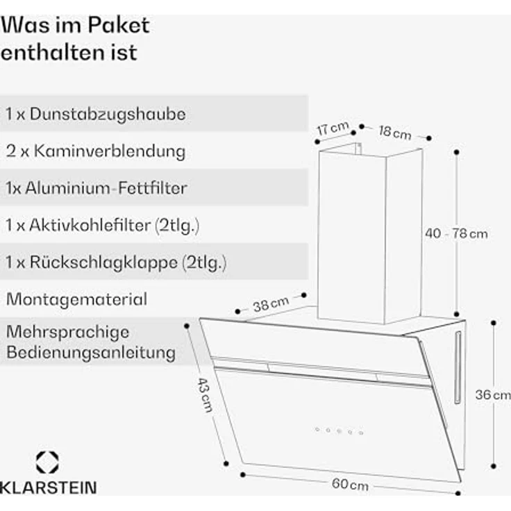 Klarstein Alina Dunstabzugshaube, EEK A, 600 m³/h, Touch LED-Beleuchtung, Abluft/Umluft, Schwarz – Bild 7