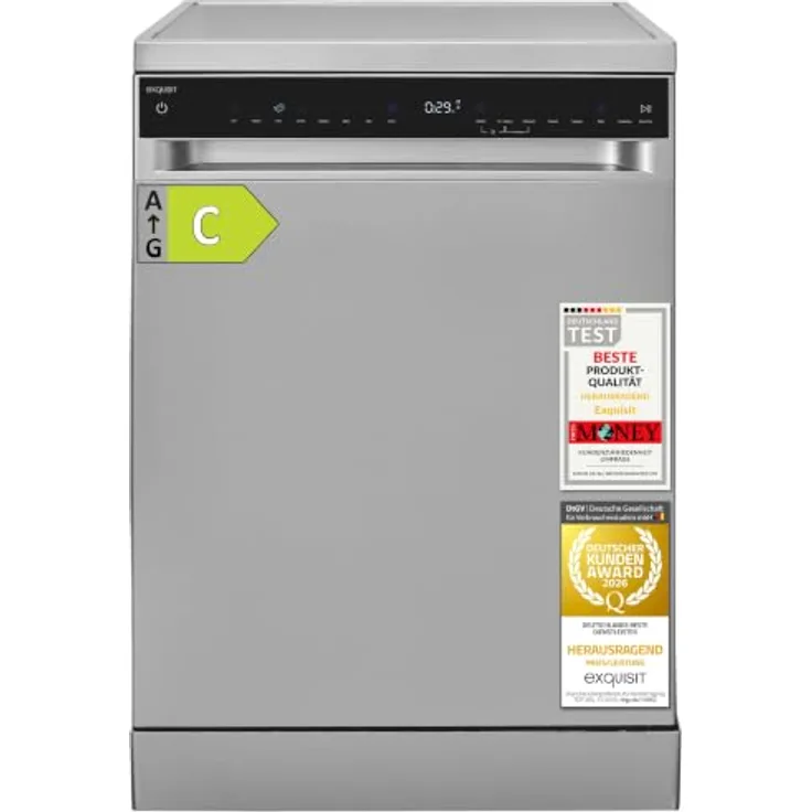 Exquisit GSP59316-450C Geschirrspüler 16 Maßgedecke, Energieklasse C, 8 Spülprogramme, Aquastop, Innenbeleuchtung, unterbaufähig, Silber