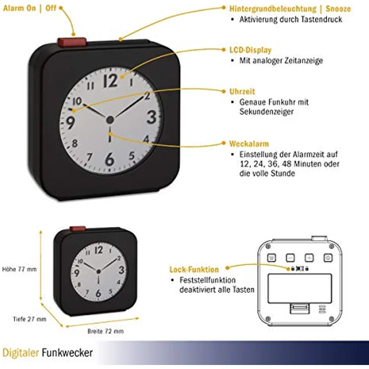 TFA Dostmann Funk-Wecker 60.2555.01, LCD Display mit analoger Zeitanzeige, schwarz/rot, ideal als Reisewecker mit Snooze-Funktion und Feststelltaste – Bild 3