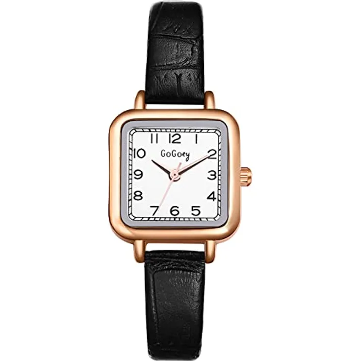 JewelryWe Damen Quartz Armbanduhr, klassisches quadratisches Design mit schwarzem Lederarmband, wasserdicht
