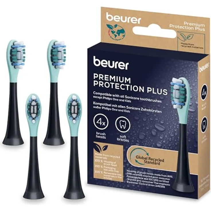 Beurer SC Protection Plus Bürstenköpfe, 4 Ersatzbürsten für Philips Sonicare, Härtegrad Weich, für empfindliche Zähne, aus nachhaltigen Materialien