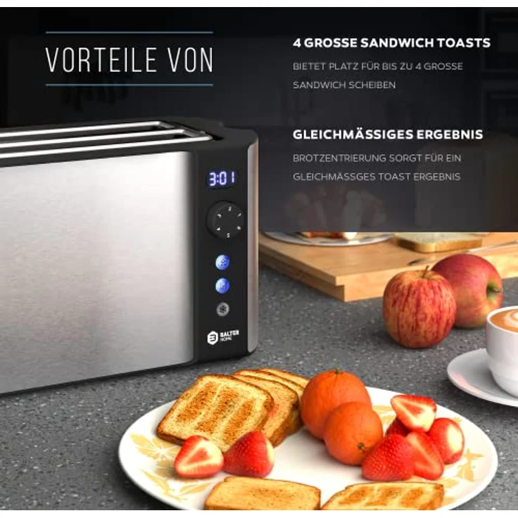 Balter TS-04-LCD, 4-Scheiben Langschlitztoaster mit 1500W, LCD Display, Restzeitanzeige, Doppelwandgehäuse, Brötchenaufsatz, Auftaufunktion, Silver – Bild 6