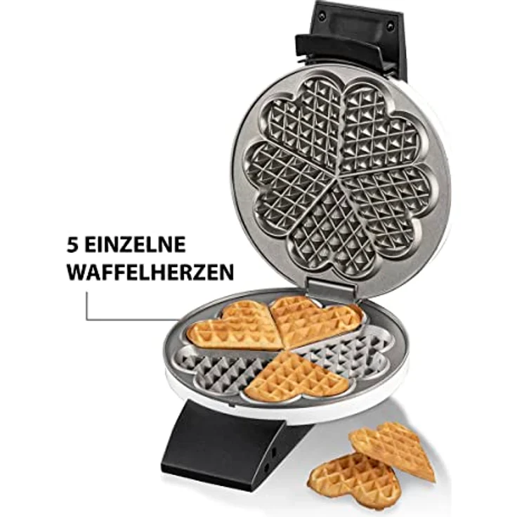 Cloer 1631HB Waffeleisen, für 5 einzelne Waffelherzen, Antihaftbeschichtung, 930 W, Backampel, praktische Standfunktion, Metall, weiß – Bild 2