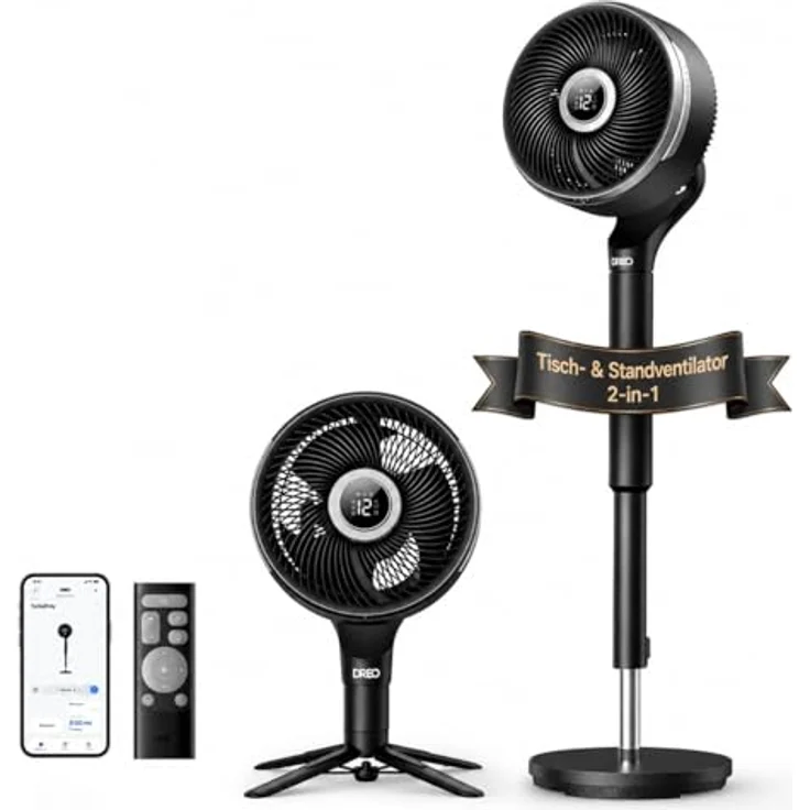 DREO Smart-Ventilator, Standventilator mit 150°+100° Oszillation, 36,6 m Reichweite, leiser DC-Motor, 12 Geschwindigkeitsstufen, 6 Modi, Fernbedienung, 12-h-Timer – Bild 1
