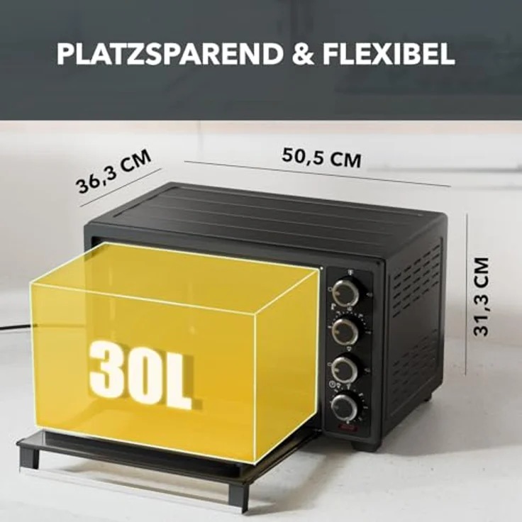 Heinrich´s Minibackofen 30L mit Umluft, Drehspieß und Airfryer-Einsatz, schwarz, 1600W, inkl. Timer und Zubehör – Bild 2