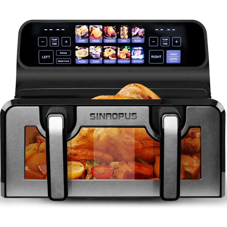 Leawin Heißluftfritteuse 9 L Doppelkammer Airfryer, 2200 W Leistung, Sichtfenster, Farb-LED-Display, individuell einstellbare Einzel- und Doppelkörbe