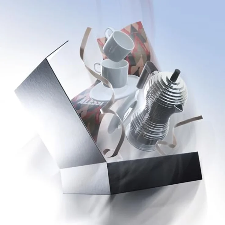 Alessi Pulcina Kaffeebereiter, 5-teiliges Set aus Gußaluminium mit schwarzem Griff und Porzellan-Obertassen, induktionsgeeignet – Bild 3