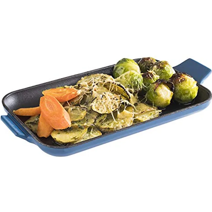 APS Servierpfännchen „Cast Iron“ - Mini Gusseisen-Pfanne, Gusseisen emailliert, eckig, B x T x H: 20 cm x 13 cm x 2 cm, stapelbar, Backofen geeignet, Schale, Blau
