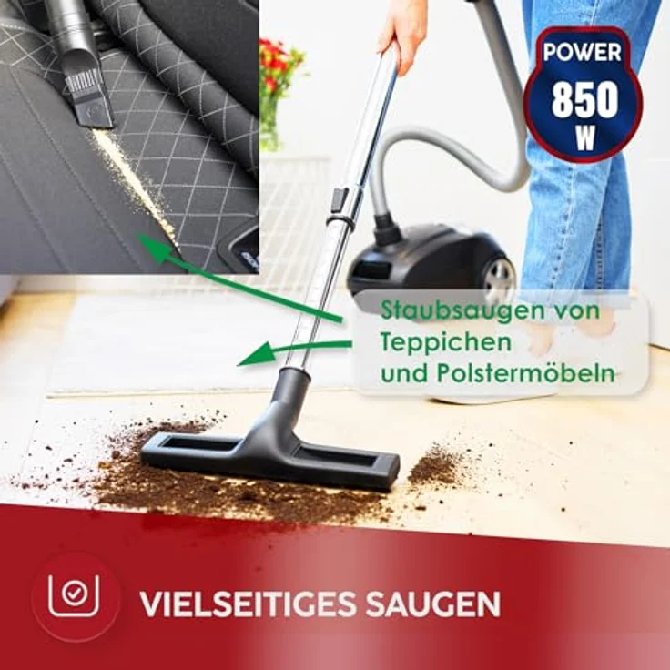MPM Staubsauger mit Beutel MOD-54, 850 W, HEPA 13 Filter, 5 Düsen, 3,5L Staubbeutel, Teleskoprohr, ideal für Teppiche und Hartböden – Bild 4
