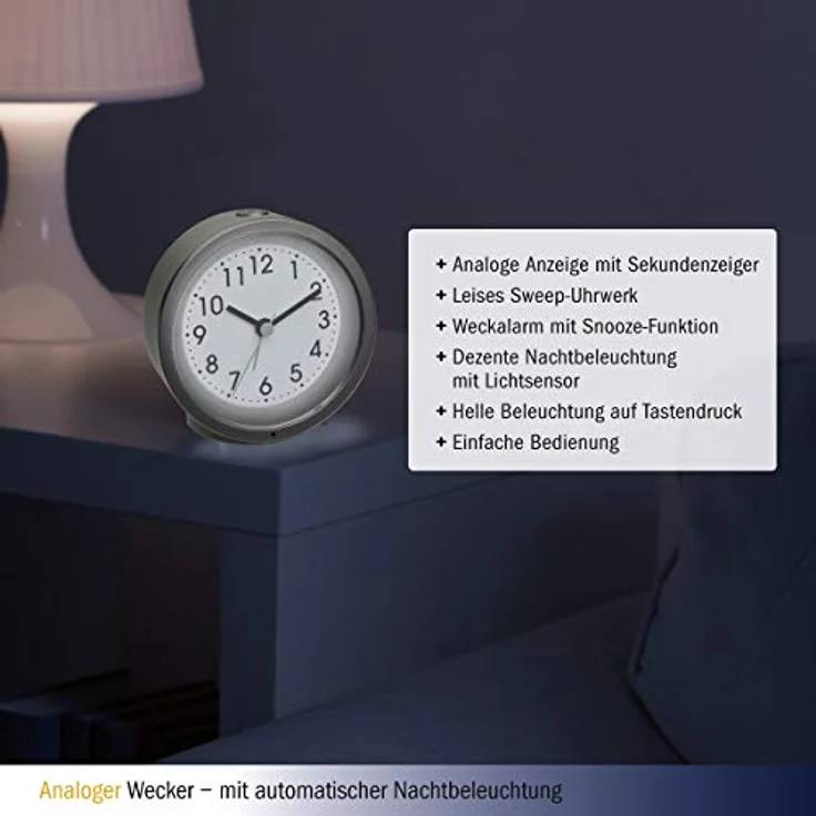 TFA Dostmann Quarzwecker TFA 60.1034, analoger Wecker mit lautlosem Sweep Uhrwerk und sanfter Nachtbeleuchtung – Bild 5