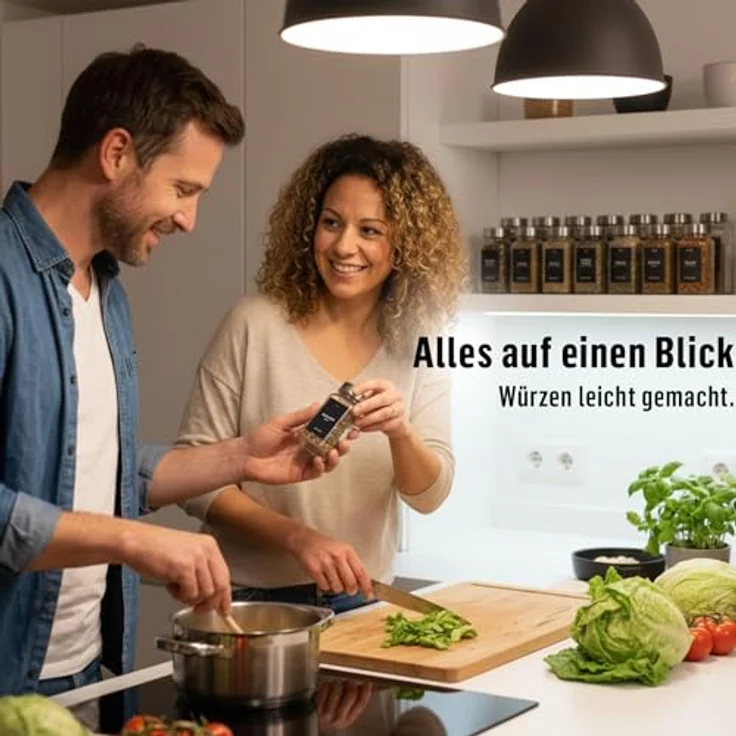 Deco haus® Gewürzgläser eckig, luftdicht 24er Set mit Etiketten & Streueinsatz, lebensmittelecht, inkl. Reinigungsbürste und Silikontrichter – Bild 2