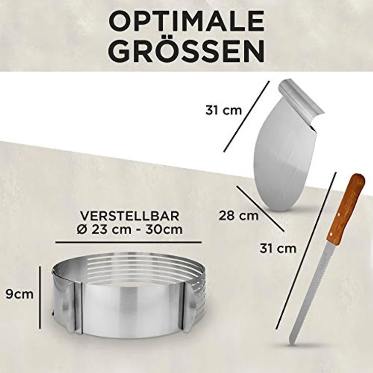 LAVUR Tortenring-Set, Backform im 3er Set mit verstellbarem Tortenring (23-30cm), Konditormesser und Tortenretter, spülmaschinenfest, für 8 gleichmäßige Böden – Bild 5