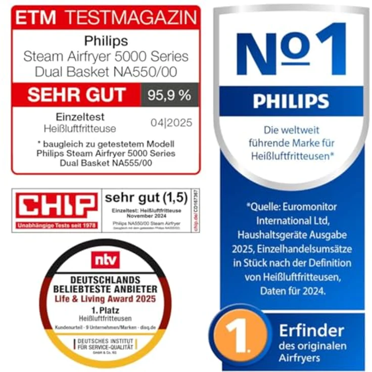 Philips Steam Airfryer Dual Basket 5000 Series, Heißluftfritteuse & Dampfgarer, 9L, 2 Körbe, RapidAir Plus Technik, 19 Kochfunktionen, 90% weniger Fett, Dampfreinigung (NA550/00) – Bild 3