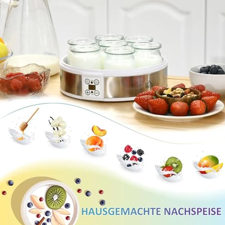 HOMCOM Joghurtbereiter, Joghurtmaschine mit Timer und Temperatur-Einstellung, 7 Glasbehälter je 180 ml, automatische Abschaltung, 20 W, Weiß – Bild 6