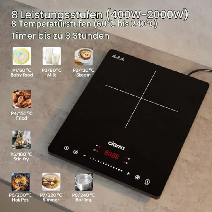 CIARRA CBTIH1 Induktionskochplatte Einzel, 2000W, Touch Steuerung, 8 Leistungs- und Temperaturstufen, mobil für Camping, schwarz – Bild 5