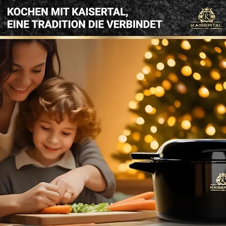 KAISERTAL Gusseisen Topf - 26cm Emaillierter Schmortopf mit Deckel 4,8L & Gusspfanne 1,8L – Gusseisen Bräter mit Deckel induktion - Cast Iron Pot Backofengeeignet - Braten & Schmoren, schwarz – Bild 4