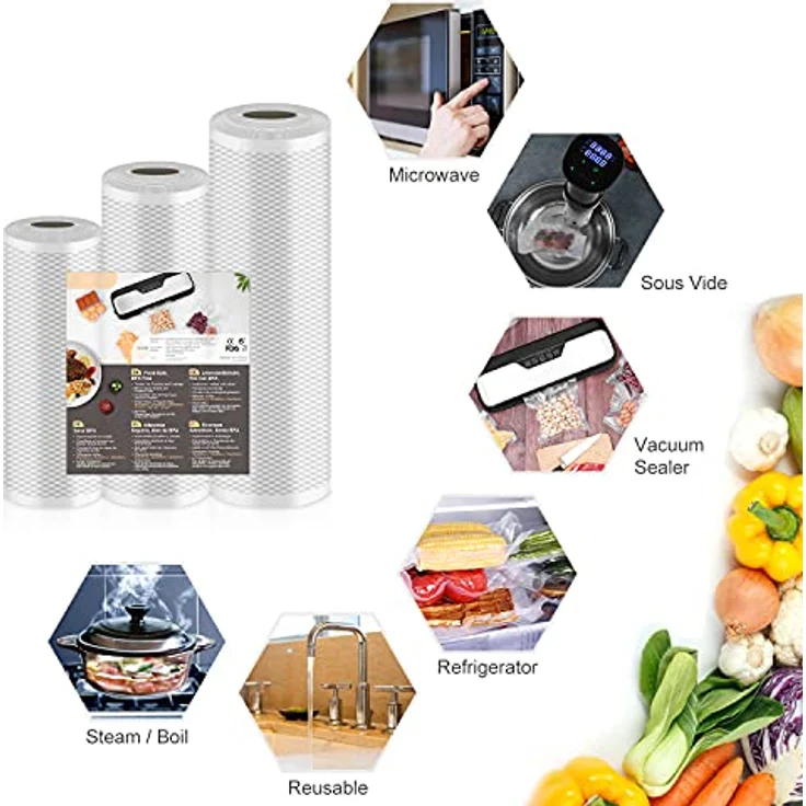 Vpcok Direct Vakuumierbeutel 3 Rollen 20/25/28x500cm, BPA-freie Vakuumfolie mit 150µm Stärke, wiederverwendbar und reißfest für Lebensmittel und Sous Vide – Bild 5