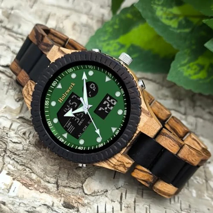 Holzwerk Germany Handgefertigte Designer Herren-Uhr Öko Natur Holz Analog-Led Armbanduhr Led Braun Schwarz – Bild 2