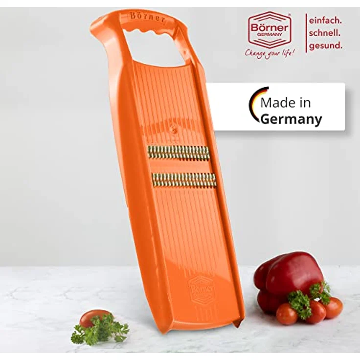 Börner Roko PowerLine Gemüseschneider • Streifenschneider für Obst & Gemüse • Julienne Schneider für feine Streifen • Gemüsehobel fein • Küchenhobel (Orange) – Bild 2