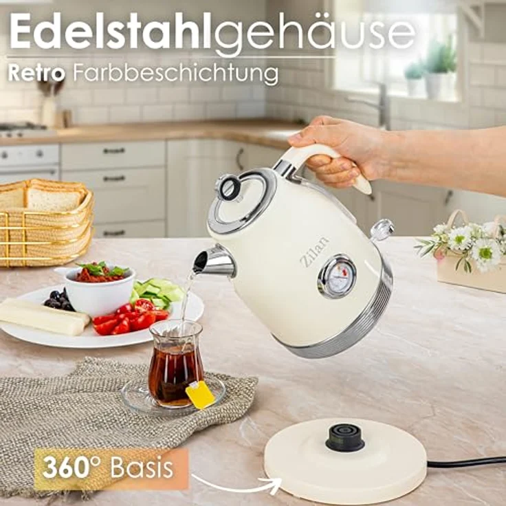 Zilan Retro Wasserkocher Edelstahl 1,7L, kabellos mit 360° Basis, 2200W, verdecktes Heizelement, Abschaltautomatik, Trockenlaufschutz, Ein/Aus-Schalter mit blauer LED – Bild 4