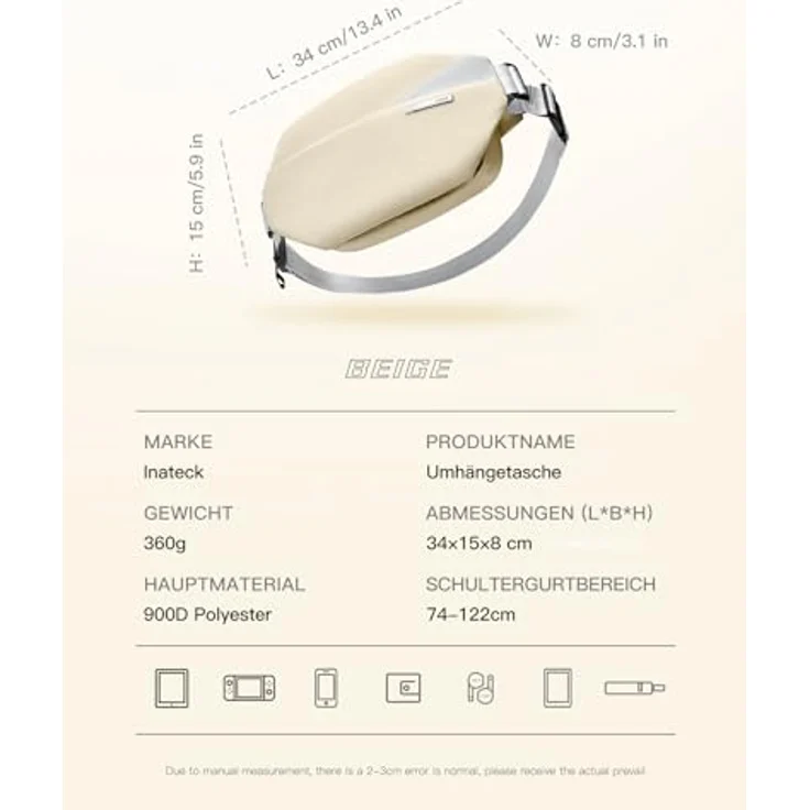 Inateck Sling Bag X, Wasserdicht Bauchtasche Herren Damen, Kompakt Chest Bag für Alltag Reise Wandern, Schwarz – Bild 2