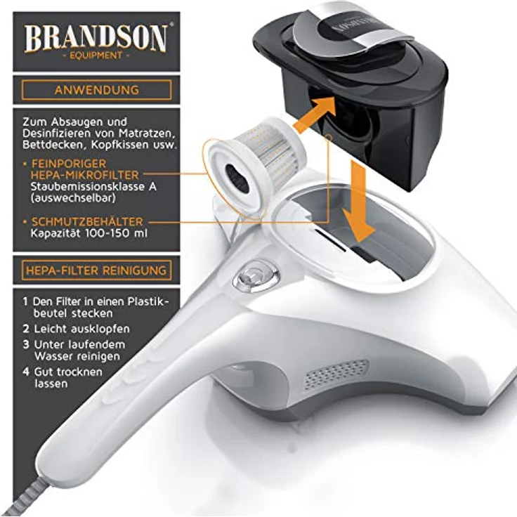 Brandson Milbenstaubsauger 300W - Milben-Handstaubsauger mit UV Sterilisationslicht - -Schmutzbehälter 150 ml - desinfiziert Betten Bekleidung Polstermöbel - Milbensauger ideal für Allergiker – Bild 2