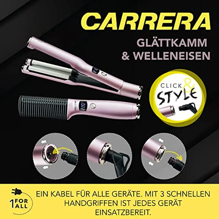 Carrera Set Glättbürste und Welleneisen – Neuheit: Kabel abnehmbar, Haarglätter Bürste, Keramikbeschichtung, Kreppeisen, Temperatur einstellbar, für Beach-Waves, Hause & Reisen - Flieder – Bild 2