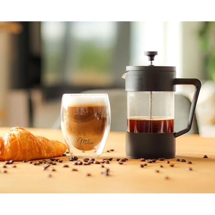 Milu French Press Kaffeebereiter | 1L | Glas Kaffeepresse, Kaffeezubereiter für Zuhause Reisen Camping inkl. Untersetzer, Löffel, Ersatzfilter (Schwarz, 1000ml (5 Tassen) – Bild 6