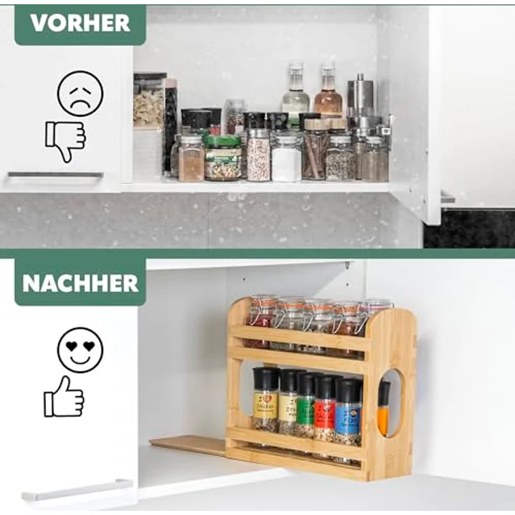 eluno Gewürzregal ausziehbar mit 2 Etagen aus Bambus 29 x 10 x 24,5 cm, praktischer Schrankorganizer in warmem Naturton – Bild 4