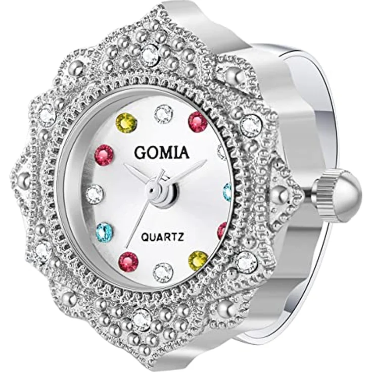 JewelryWe Ringuhr, Damen Analog Quarz Uhr im Retro-Design mit bunten Strasssteinen, verstellbarer Edelstahl-Ring, rundes Zifferblatt in Silber – Bild 1