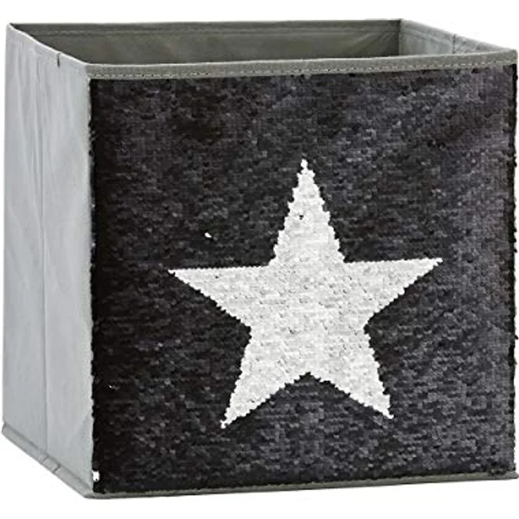 Love IT Store IT Aufbewahrungsbox für Kinder - Spielzeugbox mit Wendepailetten - Grau mit Stern in schwarz oder Silber - 32x32x32 cm