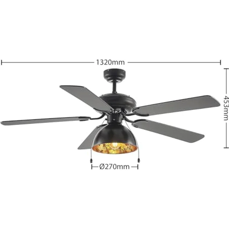 Lucande Deckenventilator mit Lampe 'Shamoian' (Retro, Vintage, Antik) in Schwarz aus Metall (1 flammig, E27) - Ventilator, Wohnzimmerleuchte – Bild 3