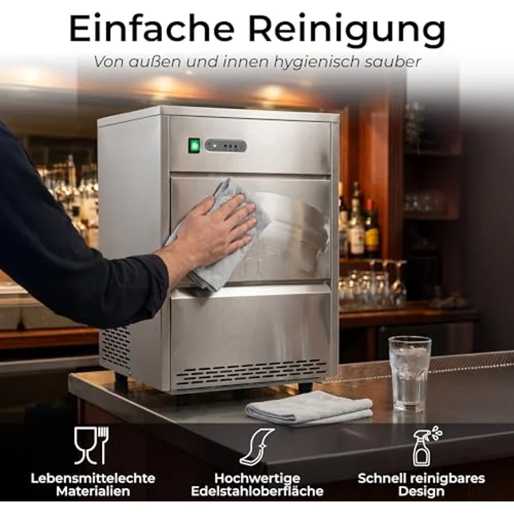 KLAMER Power Eiswürfelmaschine 26 kg/24h, vollautomatisch, Edelstahl, hygienischer PU-geschäumter Eisbehälter für Gastronomie – Bild 5