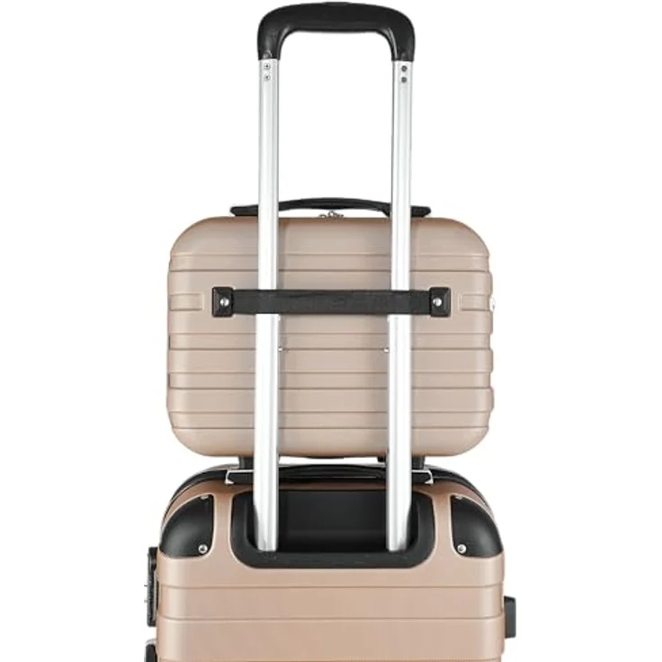 MONZANA® Kofferset Essential, Hartschalen Trolley Koffer M-L-XL mit 4 Rollen, Gel-Griffen, Kantenschutz, Beautycase und Zahlenschloss, Champagner – Bild 4