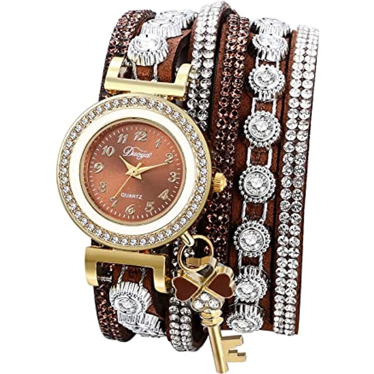 JewelryWe Retro Damen Armbanduhr, Analog Quarz mit geflochtenem Lederarmband und Kleeblatt Schlüssel Anhänger, Braun – Bild 1