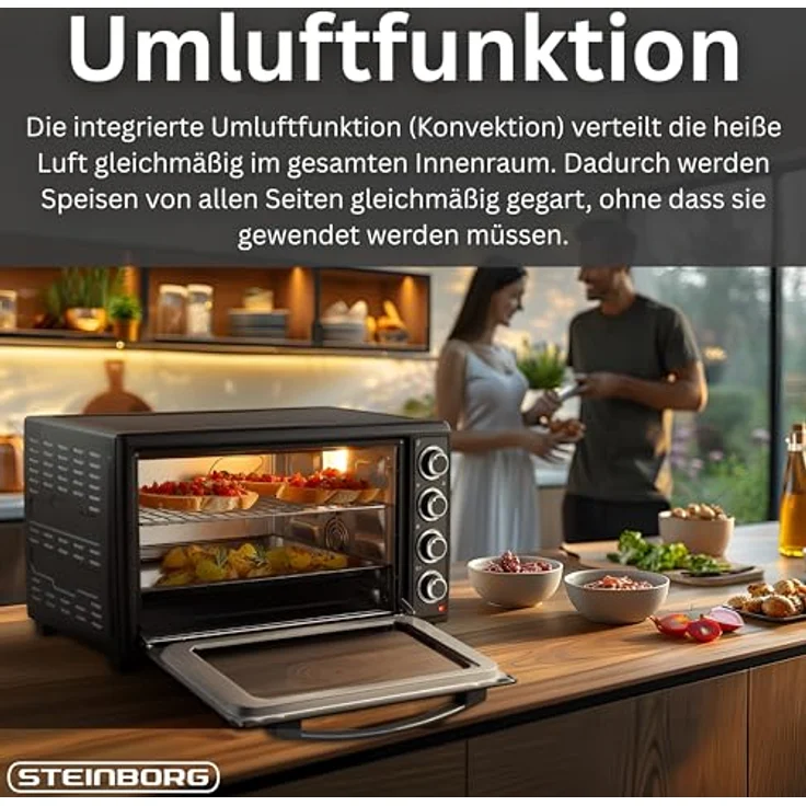 STEINBORG Minibackofen SB-3019, 60L, 2000W mit Umluft, Drehspieß und Timer, kompakt schwarz – Bild 4