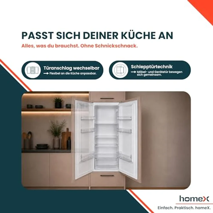 homeX CB1991E Einbaukühlschrank, 199 Liter, ohne Gefrierfach, Schlepptürtechnik, LED-Beleuchtung, 39 dB, für 122 cm Nische – Bild 7