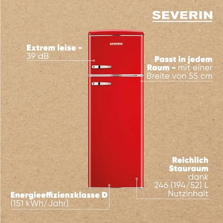 SEVERIN RKG 8983, Retro Kühl- & Gefrierkombination mit 246 L, 1-7°C, Gefrierfach oben, LED-Beleuchtung, rot, nur 39 dB – Bild 2
