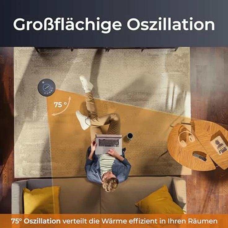 KLAMER Heizlüfter 2000 W, PTC Keramik Heizlüfter energiesparend, 3 Heizstufen inkl. Eco, 9 Std Timer, Kippschutz, Thermosicherung, Überhitzungsschutz – Bild 4